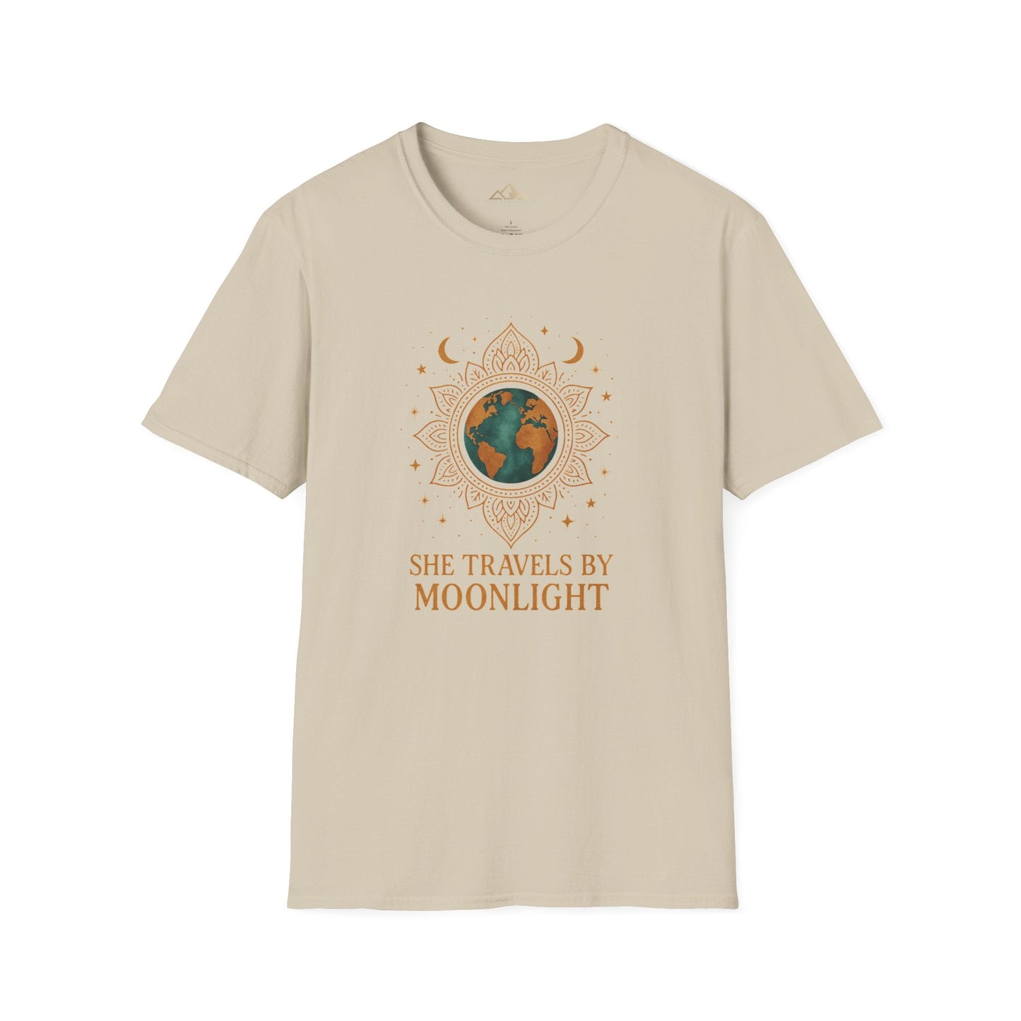 Beige t-shirt with 'She Travels by Moonlight' design on a white background