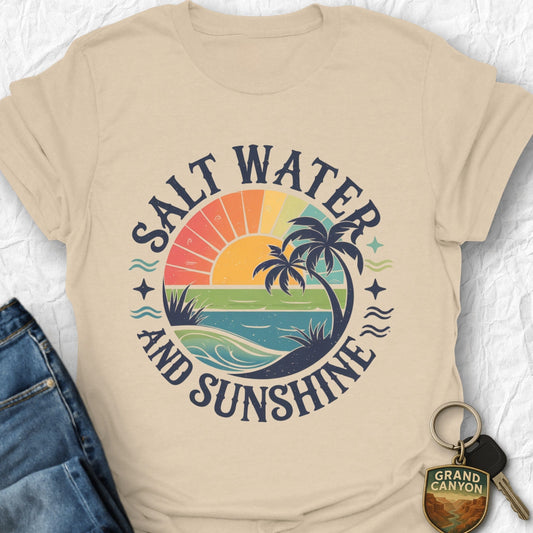 Beige t-shirt with 'Salt Water and Sunshine' design on a white background
