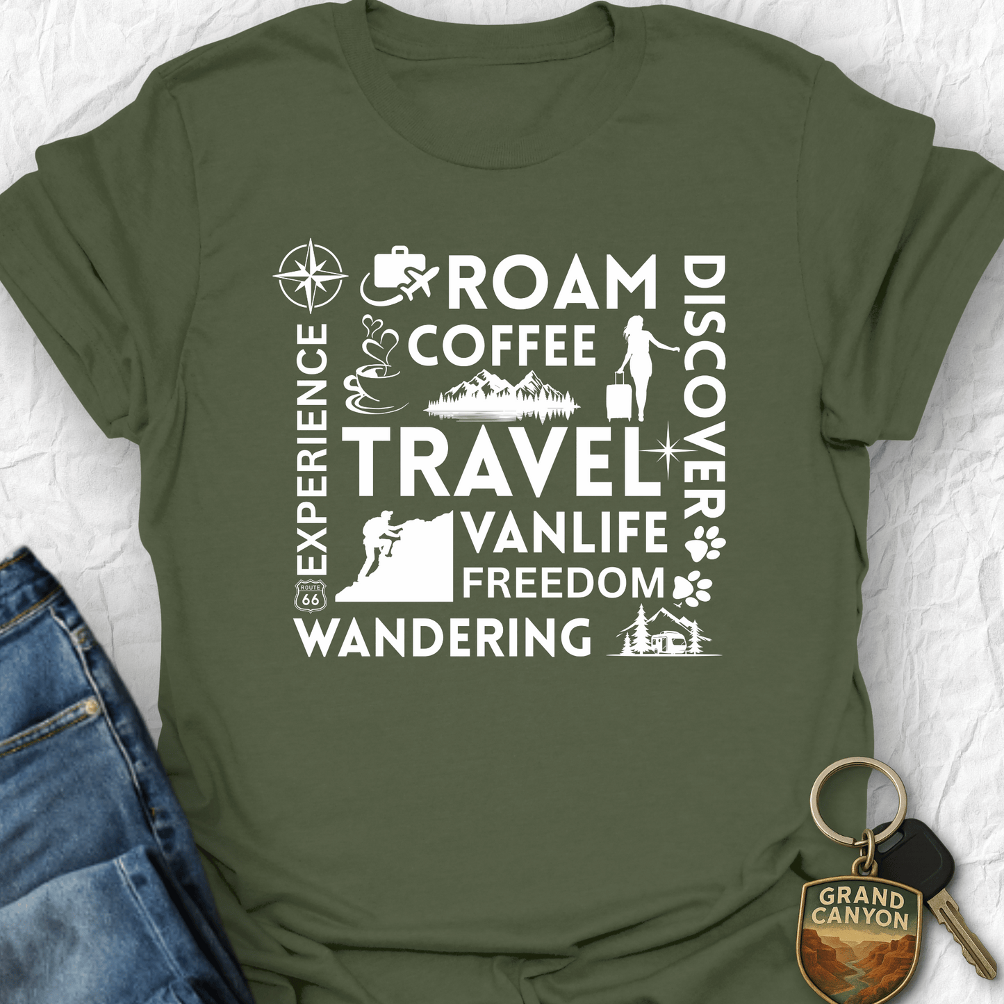 Green t-shirt with white text and graphics on a light gray background
