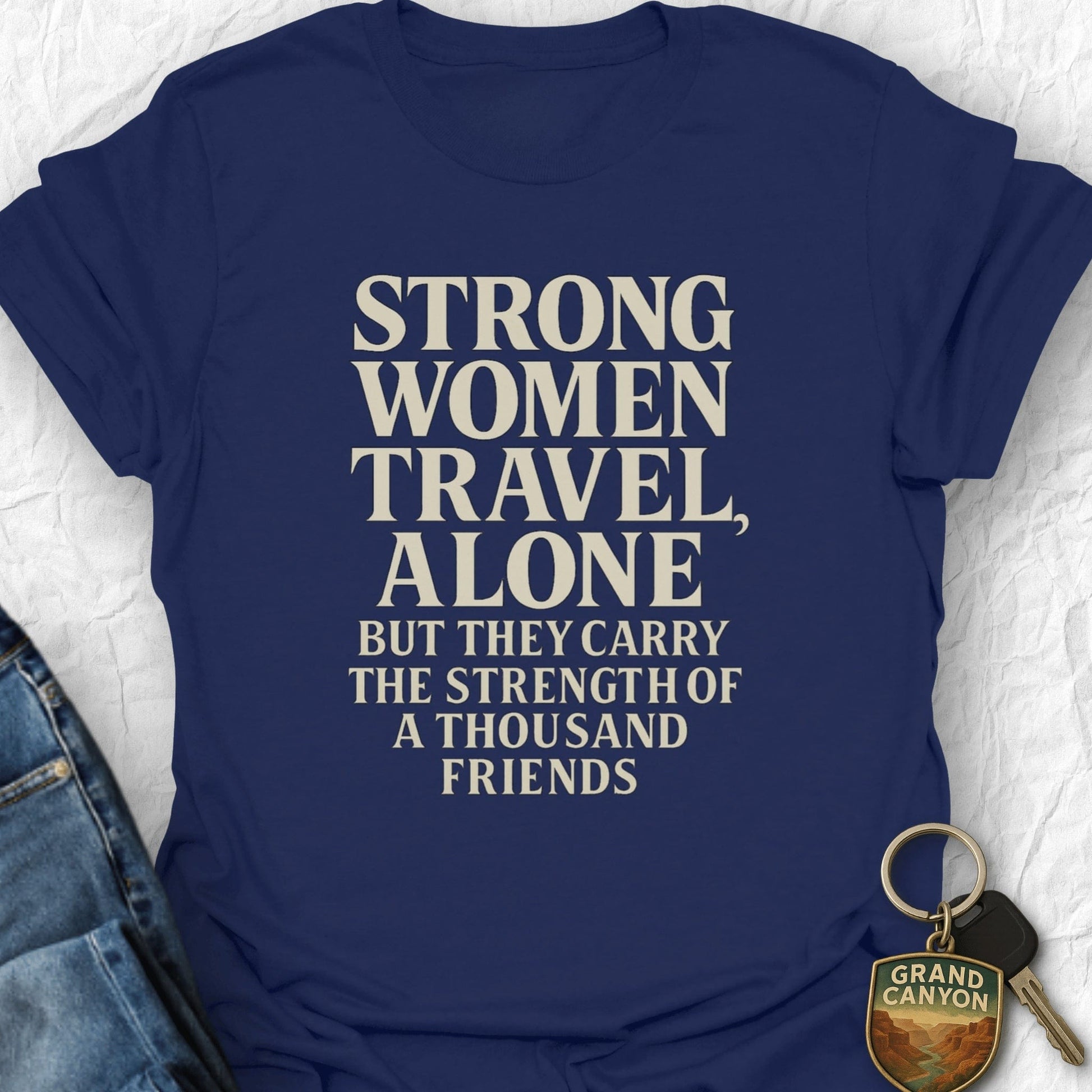 Navy blue t-shirt with motivational quote on a white background