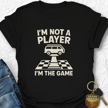 Black t-shirt with white text and graphics on a light gray background