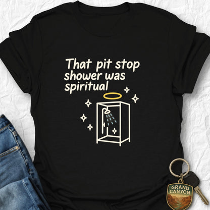 Black t-shirt with humorous graphic and text on a white background