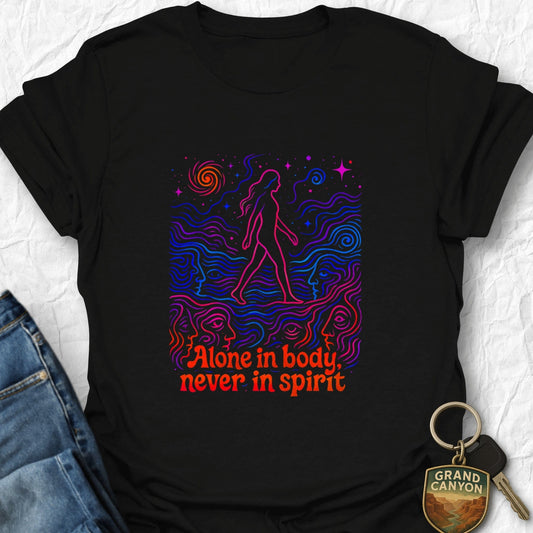 Black t-shirt with colorful graphic and text 'Alone in body, never in spirit' on a white background.
