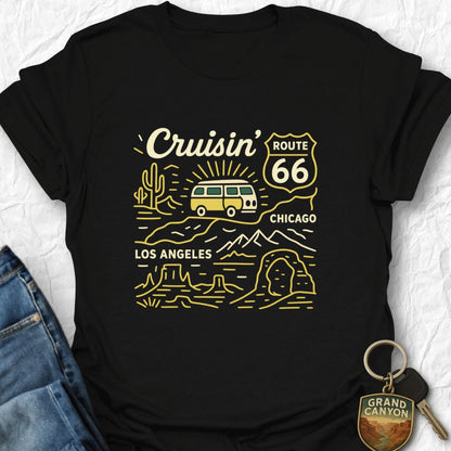 Black t-shirt with 'Cruisin' Route 66' design on a white background