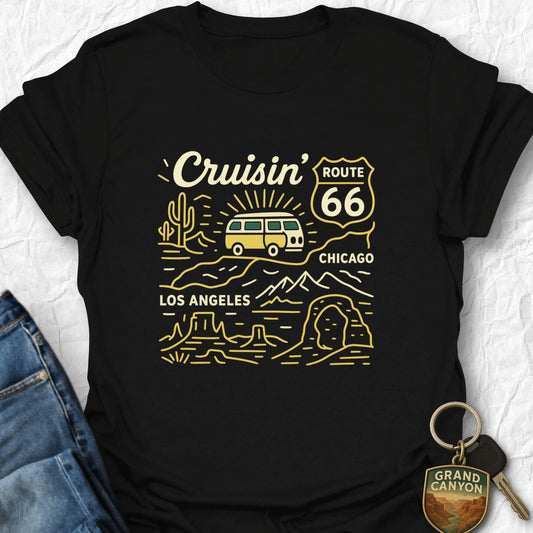 Black t-shirt with 'Cruisin' Route 66' design on a white background