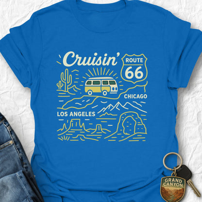 Blue t-shirt with Route 66 graphic design on a textured white background