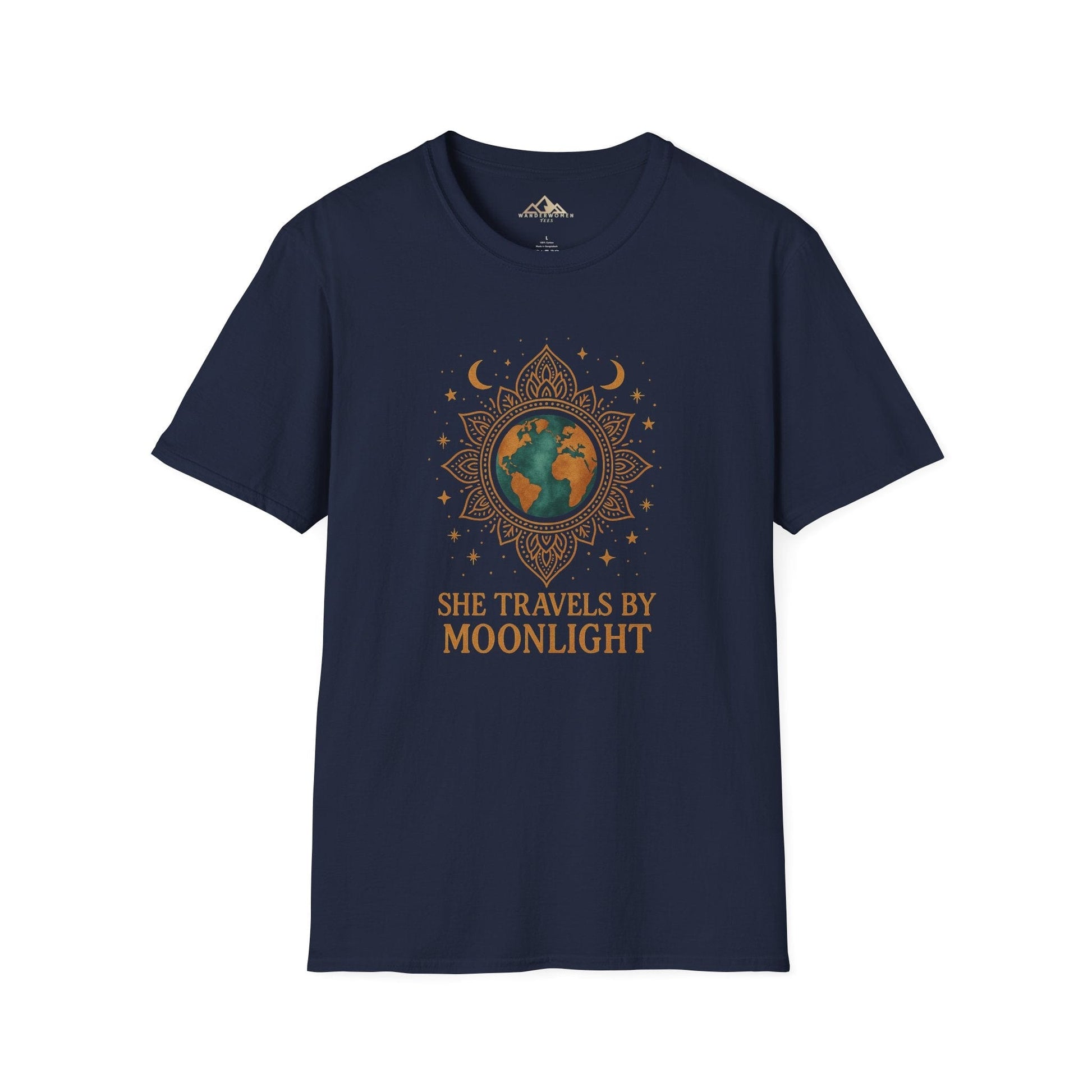 Navy blue t-shirt with 'She Travels by Moonlight' design on a white background