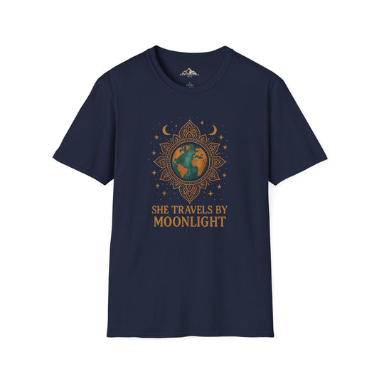 Navy blue t-shirt with 'She Travels by Moonlight' design on a white background