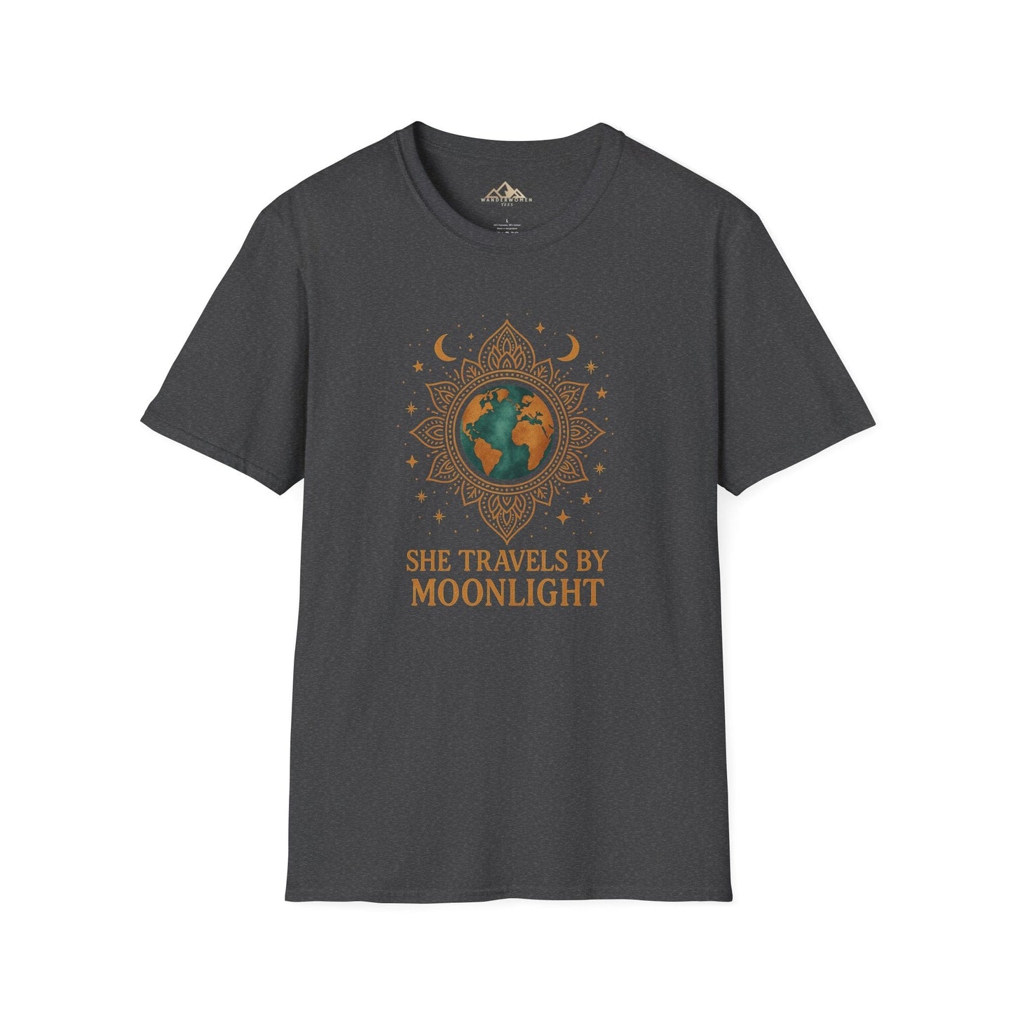 Dark gray t-shirt with 'She Travels by Moonlight' design on a white background