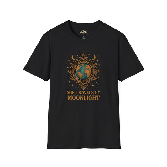 Black t-shirt with 'She Travels by Moonlight' design on a white background