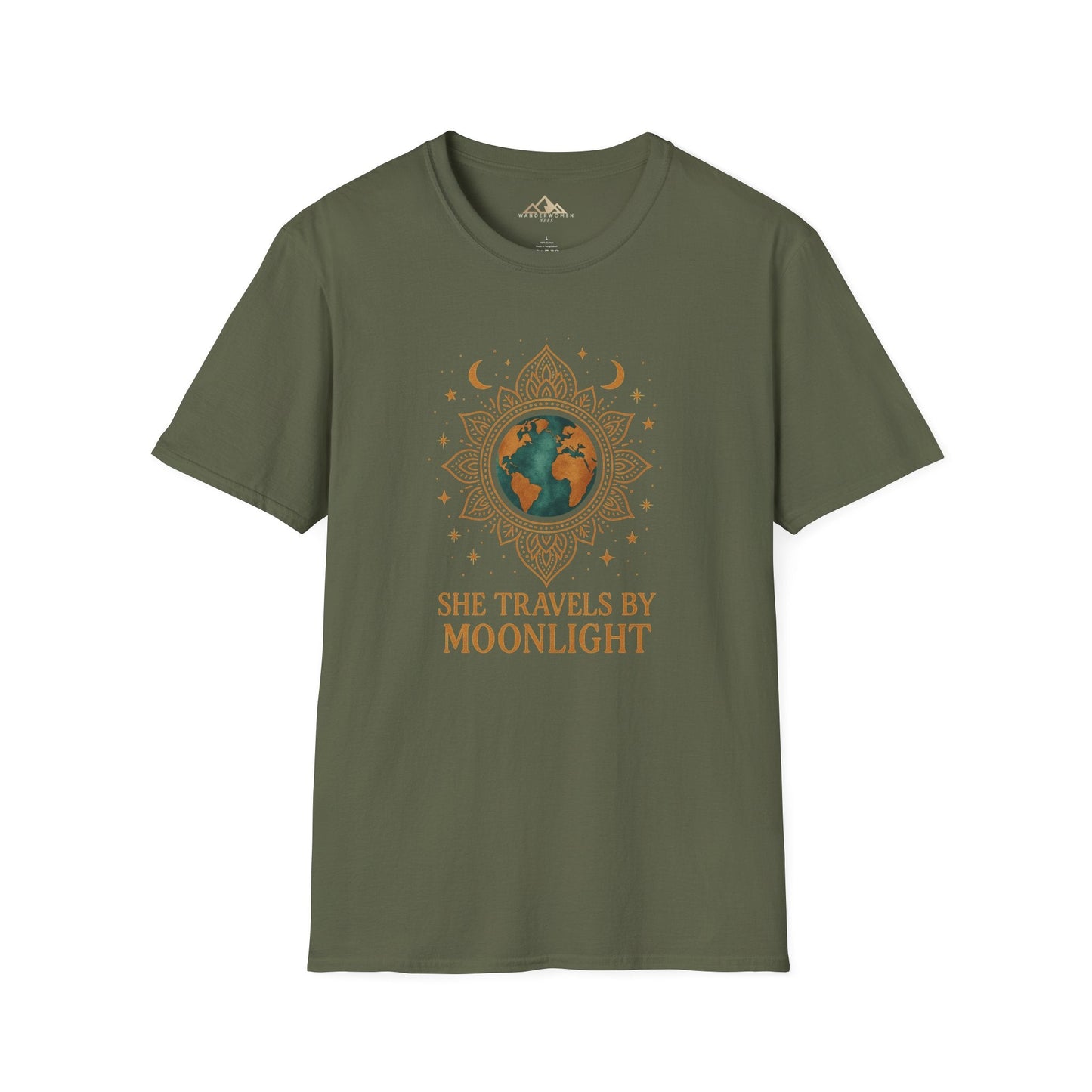 Green t-shirt with 'She Travels by Moonlight' design on a white background