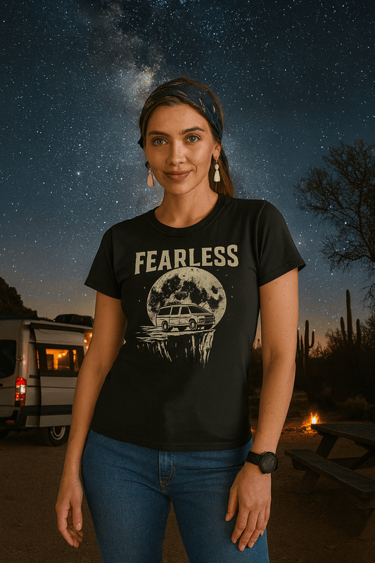 Woman wearing a 'Fearless' t-shirt under a starry night sky with a Milky Way galaxy.