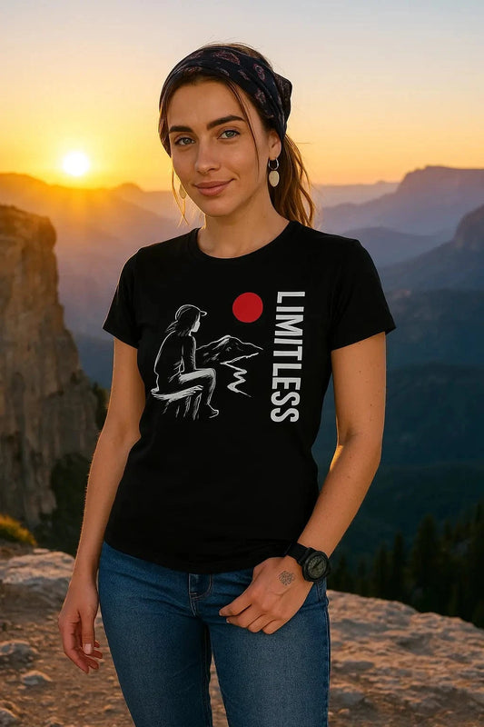 Woman wearing a black t-shirt with a graphic design and 'Limitless' text, standing in front of a scenic mountain landscape at sunset.