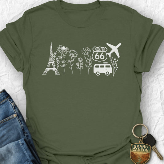 Floral Travel T-Shirt - T-Shirt Military Green / S