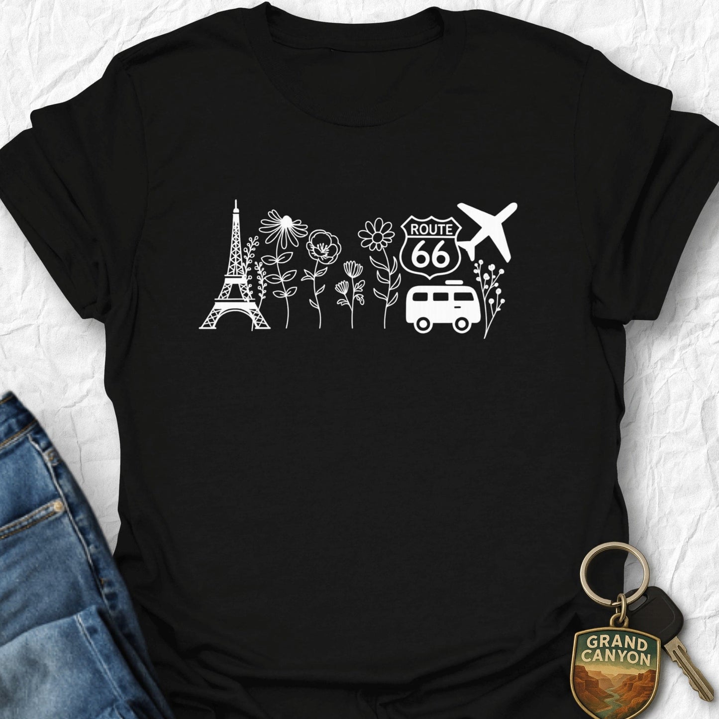 Floral Travel T-Shirt - T-Shirt Black / S